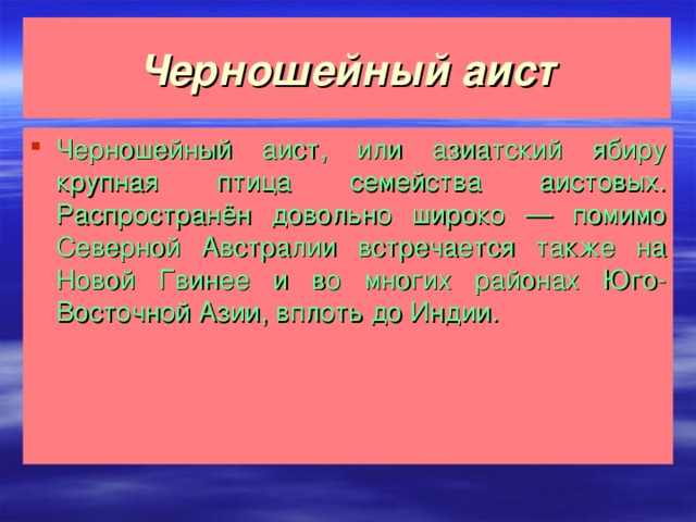 Черношейный аист Черношейный аист, или азиатский ябиру крупная птица семейства аистовых. Распространён довольно широко — помимо Северной Австралии встречается также на Новой Гвинее и во многих районах Юго-Восточной Азии, вплоть до Индии.