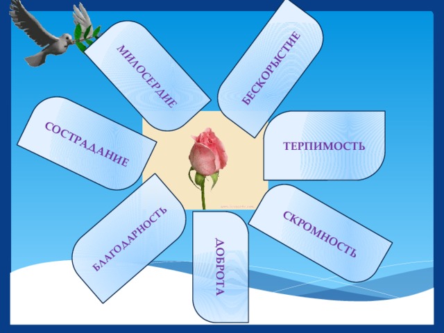 МИЛОСЕРДИЕ БЕСКОРЫСТИЕ СОСТРАДАНИЕ БЛАГОДАРНОСТЬ ДОБРОТА СКРОМНОСТЬ ТЕРПИМОСТЬ