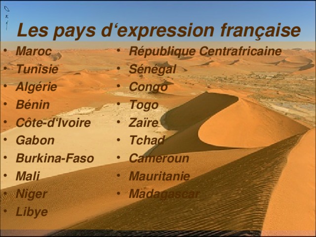 Les pays d ‘expression française Maroc Tunisie Algérie Bénin C ô te-d ‘Ivoire Gabon Burkina-Faso Mali Niger Libye