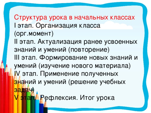 Структура урока в начальных классах I этап. Организация класса (орг.момент) II этап. Актуализация ранее усвоенных знаний и умений (повторение) III этап. Формирование новых знаний и умений (изучение нового материала) IV этап. Применение полученных знаний и умений (решение учебных задач) V этап.  Рефлексия. Итог урока