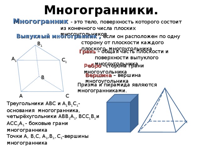 Многогранники. Многогранник - это тело, поверхность которого состоит из конечного числа плоских многоугольников Выпуклый многогранник , если он расположен по одну сторону от плоскости каждого плоского многоугольника B 1 Грань – общая часть плоскости и поверхности выпуклого многоугольника А 1 C 1 Ребро –сторона грани многоугольника Вершина – вершина многоугольника B Призма и пирамида являются многогранниками. C А Треугольники ABC и A 1 B 1 C 1 - основания многогранника, четырёхугольники ABB 1 A 1 ,  B С C 1 B 1 и АС C 1 A 1 - боковые грани многогранника Точки А, В,С, A 1 , B 1 ,  C 1 -вершины многогранника