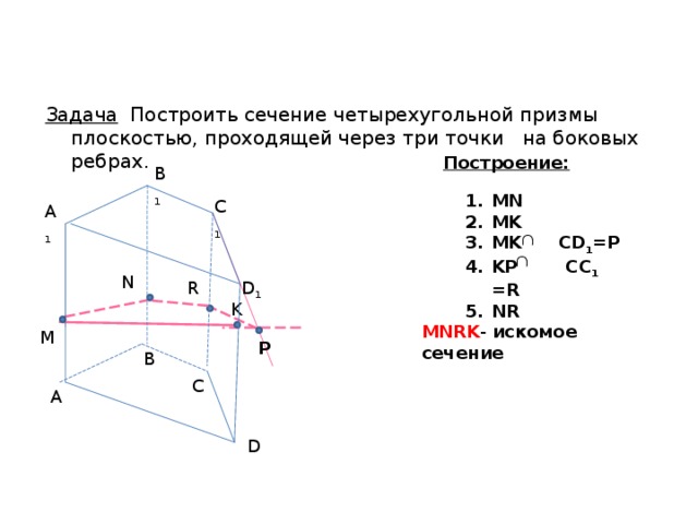 Задача Построить сечение четырехугольной призмы плоскостью, проходящей через три точки на боковых ребрах. Построение: B 1 MN MK М K CD 1 = Р KP CC 1 =R NR  C 1 А 1 N R D 1 K MNRK - искомое сечение M P В С А D