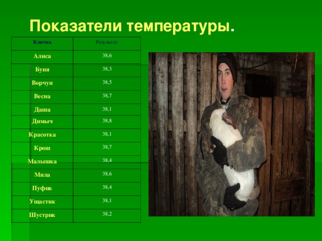 Показатели температуры .  Кличка Результат Алиса 38,6 Буня 38,3 Ворчун 38,5 Весна 38,7 Даша 38,1 Димыч Красотка 38,8 38,1 Крош 38,7 Малышка 38,4 Мила 38,6 Пуфик 38,4 Ущастик 38,1 Шустрик 38,2