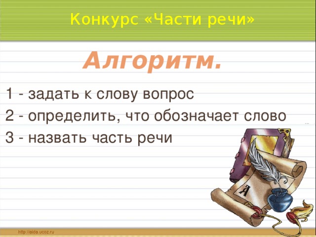 Конкурс «Части речи» Алгоритм. 1 - задать к слову вопрос 2 - определить, что обозначает слово 3 - назвать часть речи  