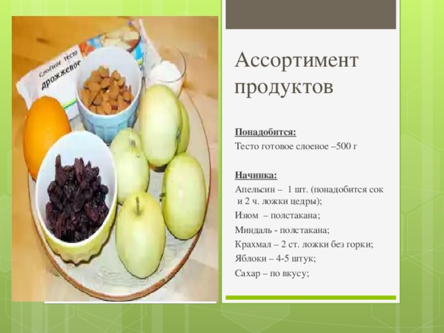 Ассортимент продуктов Понадобится: Тесто готовое слоеное –500 г Начинка: Апельсин – 1 шт. (понадобится сок  и 2 ч. ложки цедры); Изюм – полстакана; Миндаль - полстакана; Крахмал – 2 ст. ложки без горки; Яблоки – 4-5 штук; Сахар – по вкусу;