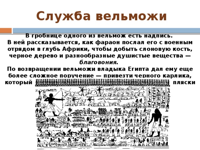 Служба вельможи В гробнице одного из вельмож есть надпись. В ней рассказывается, как фараон послал его с военным отрядом в глубь Африки, чтобы добыть слоновую кость, черное дерево и разнообразные душистые вещества — благовония. По возвращении вельможи владыка Египта дал ему еще более сложное поручение — привезти черного карлика, который исполнял бы перед фараоном священные пляски и веселил его сердце.