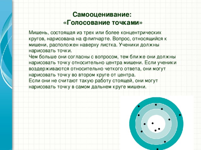 Самооценивание:  «Голосование точками» Мишень, состоящая из трех или более концентрических кругов, нарисована на флипчарте. Вопрос, относящийся к мишени, расположен наверху листка. Ученики должны нарисовать точки. Чем больше они согласны с вопросом, тем ближе они должны нарисовать точку относительно центра мишени. Если ученики воздерживаются относительно четкого ответа, они могут нарисовать точку во втором круге от центра. Если они не считают такую работу стоящей, они могут нарисовать точку в самом дальнем круге мишени.  Самооценивание:  «Голосование точками»