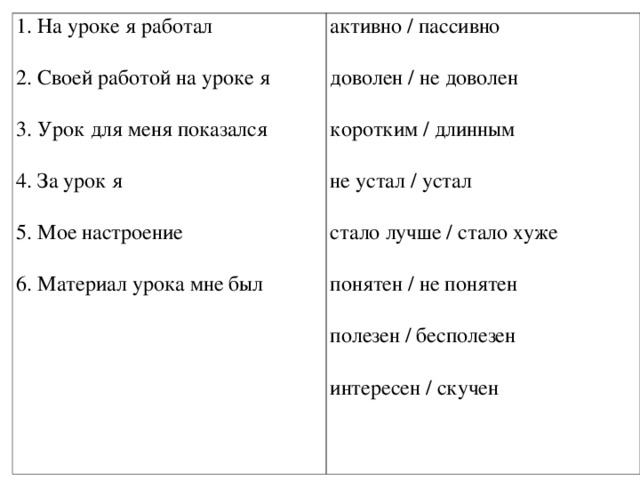 1. На уроке я работал   2. Своей работой на уроке я   3. Урок для меня показался   4. За урок я   5. Мое настроение   6. Материал урока мне был   активно / пассивно   доволен / не доволен   коротким / длинным   не устал / устал   стало лучше / стало хуже   понятен / не понятен   полезен / бесполезен   интересен / скучен