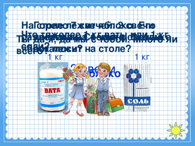 На столе лежит яблоко. Его разделили на 4 части. Сколько яблок лежит на столе?  Горело 7 свечей. 2 свечи погасили. Сколько свечей осталось? Что тяжелее 1 кг ваты или 1 кг соли? Ты да я, да мы с тобой. Много ли всего? 1 кг 1 кг 2 свечи 1 яблоко =