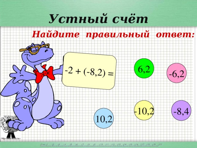 -2 + (-8,2) = Устный счёт  Найдите правильный ответ: 6,2 -6,2 -10,2 -8,4 10,2