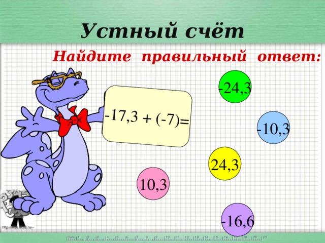 -17,3 + (-7)= Устный счёт  Найдите правильный ответ: -24,3 -10,3 24,3 10,3 -16,6