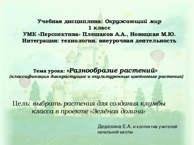 Учебная дисциплина: Окружающий мир 1 класс УМК «Перспектива» Плешаков А.А., Новицкая М.Ю. Интеграция: технология, внеурочная деятельность   Тема урока: «Разнообразие растений» (классификация дикорастущие и окультуренные цветковые растения) Цель: выбрать растения для создания клумбы класса в проекте «Зелёная долина» Дедюхина Е.А. и коллектив учителей начальной школы