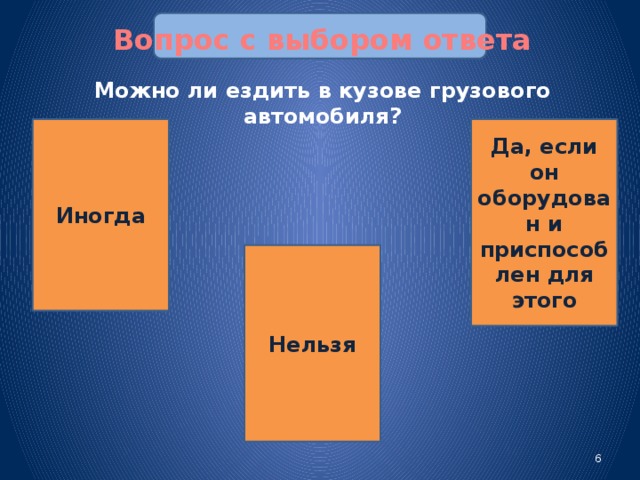 Вопрос с выбором ответа Можно ли ездить в кузове грузового автомобиля? Иногда Да, если он оборудован и приспособлен для этого Нельзя Слайд № 6 представляет собой тест с заданием 1. Кликая на правильный ответ, происходит переход (при помощи гиперссылки) на другой слайд, на которой «смайлик» подтверждает правильный ответ. При помощи кнопки «домой» происходит возврат обратно.