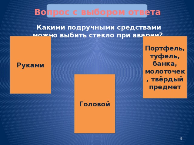 Вопрос с выбором ответа  Какими подручными средствами можно выбить стекло при аварии? Руками Портфель, туфель, банка, молоточек , твёрдый предмет Головой Слад № 9 аналогичен слайду № 8.