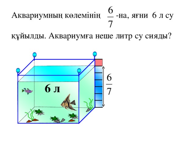 Аквариумның көлемінің -на, яғни 6 л су құйылды. Аквариумға неше литр су сияды? 6 л Математика 5 класс. Н.Я.Виленкин. № 937. 3