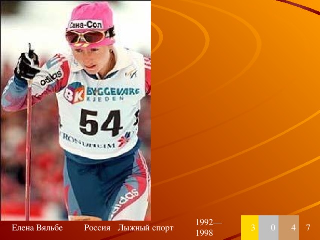 Елена Вяльбе Россия Лыжный спорт 1992—1998 3 0 4 7