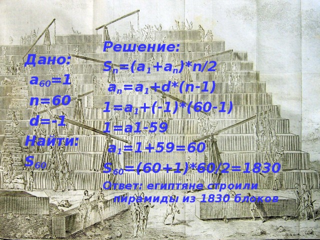 Решение: S n =(a 1 +a n )*n/2  a n =a 1 +d*(n-1) 1=a 1 +(-1)*(60-1) 1=a1-59  a 1 =1+59=60 S 60 =(60+1)*60/2=1830 Ответ: египтяне строили пирамиды из 1830 блоков Дано:  a 60 =1  n=60  d=-1 Найти: S 60