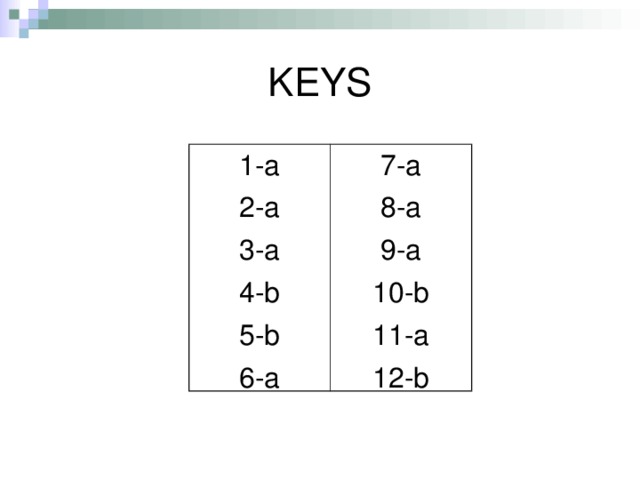 KEYS 1-a 2-a 3-a 4-b 5-b 6-a 7-a 8-a 9-a 10-b 11-a 12-b