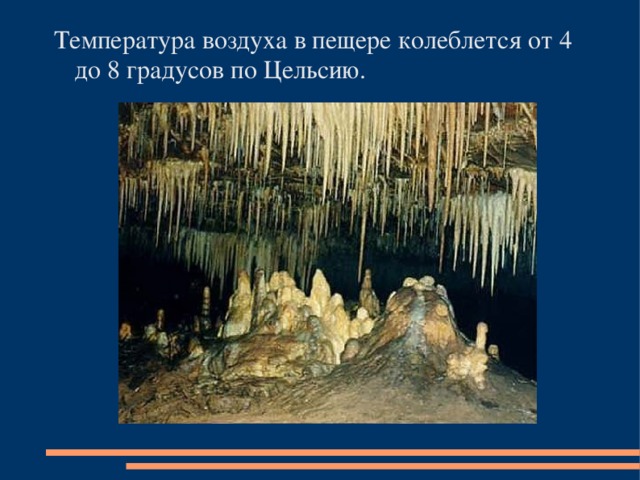 Температура воздуха в пещере колеблется от 4 до 8 градусов по Цельсию.