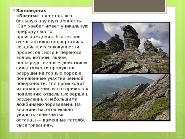 Заповедник «Басеги»  представляет большую научную ценность .Сам хребет имеет уникальную природу своего происхождения. Его склоны очень активно подвергались воздействию совокупности процессов сноса и переноса водой, ветром, льдом, непосредственным действием силы тяжести продуктов разрушения горных пород в пониженные участки земной поверхности, где происходит их накопление и это привело к появлению отдельных вершин, разделенных небольшими ложбинами-перевалами. На вершине Басегов можно увидеть знаменитые останцы — каменные «столбы выветривания».