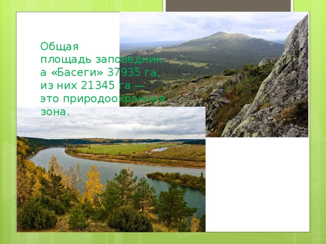 Общая площадь заповедника «Басеги» 37935 га, из них 21345 га — это природоохранная зона. 