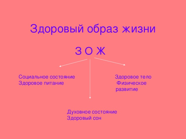 Здоровый образ жизни  З О Ж  Социальное состояние Здоровое тело  Здоровое питание Физическое  развитие Духовное состояние Здоровый сон