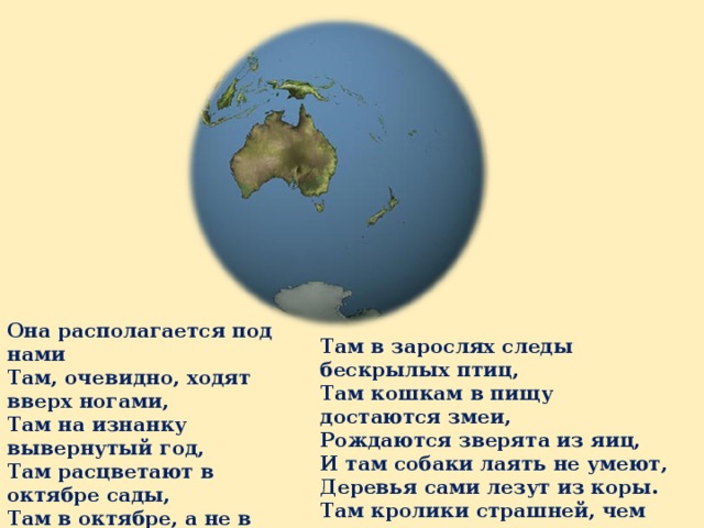 Она располагается под нами Там, очевидно, ходят вверх ногами, Там на изнанку вывернутый год, Там расцветают в октябре сады, Там в октябре, а не в июле лето, Там протекают реки без воды (Они в пустыне пропадают где-то) Там в зарослях следы бескрылых птиц, Там кошкам в пищу достаются змеи, Рождаются зверята из яиц, И там собаки лаять не умеют, Деревья сами лезут из коры. Там кролики страшней, чем наводненье… (Г. Усов)