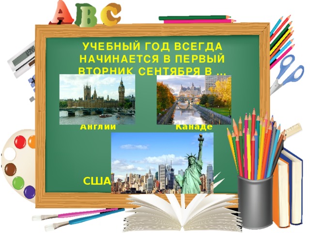 УЧЕБНЫЙ ГОД ВСЕГДА НАЧИНАЕТСЯ В ПЕРВЫЙ ВТОРНИК СЕНТЯБРЯ В …   Англии Канаде США