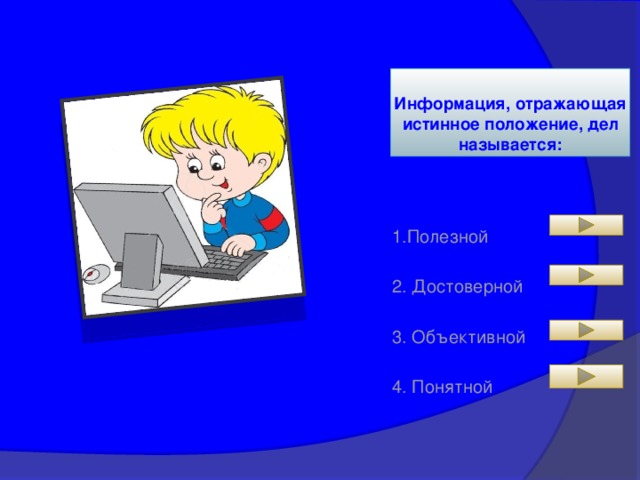 Информация, отражающая истинное положение, дел называется: 1.Полезной 2. Достоверной 3. Объективной 4. Понятной