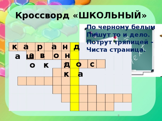 Кроссворд «ШКОЛЬНЫЙ» По черному белым  Пишут то и дело.  Потрут тряпицей -  Чиста страница.    к а р а н д а ш                                                                                                                                                                 з в о н о к д о с к а *