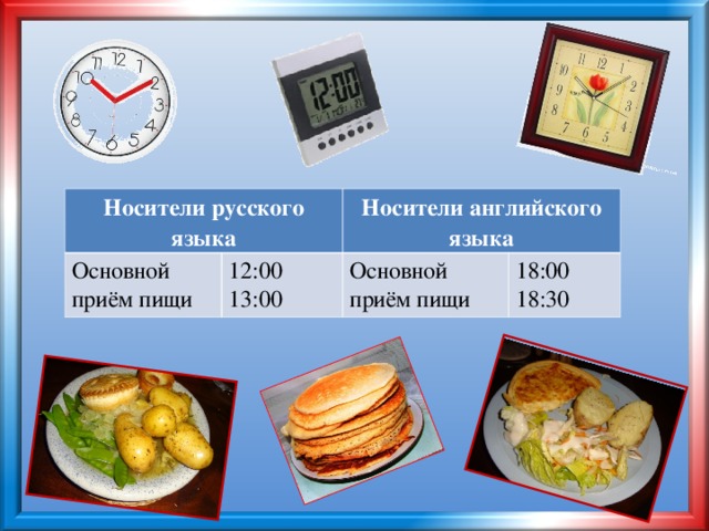 Носители русского языка Основной приём пищи 12:00 13:00 Носители английского языка Основной приём пищи 18:00 18:30
