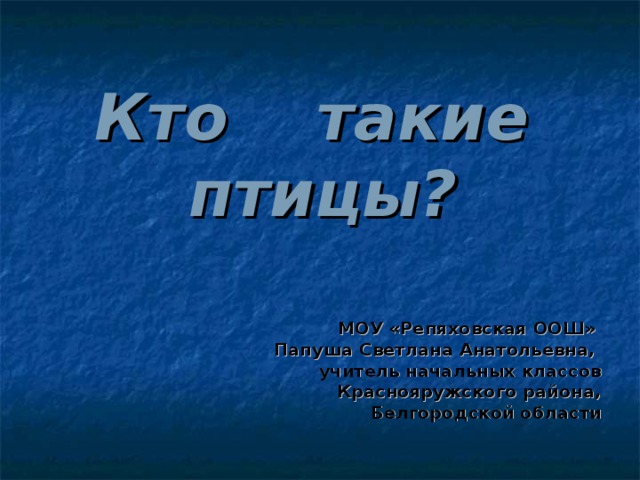 Кто такие  птицы? МОУ «Репяховская ООШ» Папуша Светлана Анатольевна, учитель начальных классов Краснояружского района, Белгородской области