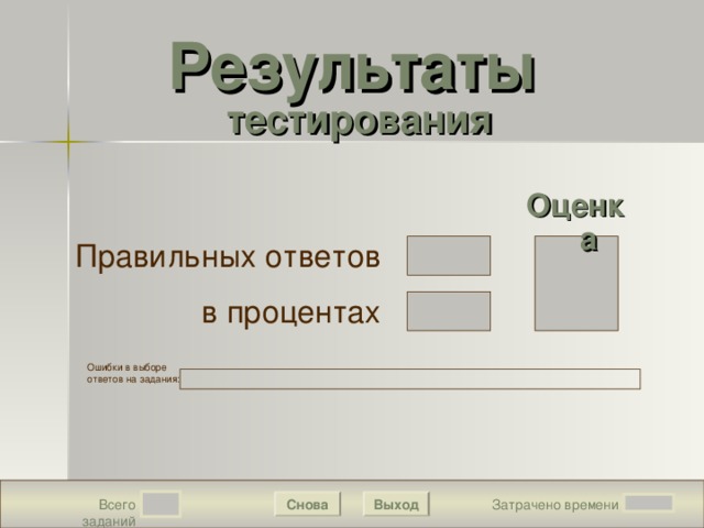 Результаты   тестирования Оценка Правильных ответов в процентах Ошибки в выборе ответов на задания:  Снова Выход Всего заданий Затрачено времени