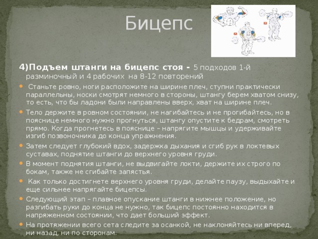 Бицепс 4)Подъем штанги на бицепс стоя - 5 подходов 1-й разминочный и 4 рабочих на 8-12 повторений