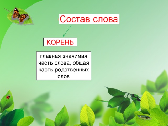 Состав слова  КОРЕНЬ главная значимая часть слова, общая часть родственных слов