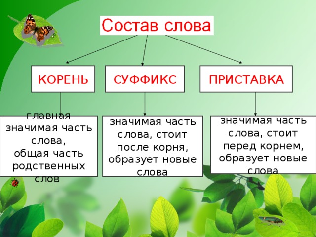 КОРЕНЬ СУФФИКС ПРИСТАВКА главная значимая часть слова, общая часть родственных слов  значимая часть слова, стоит после корня, образует новые слова значимая часть слова, стоит перед корнем, образует новые слова