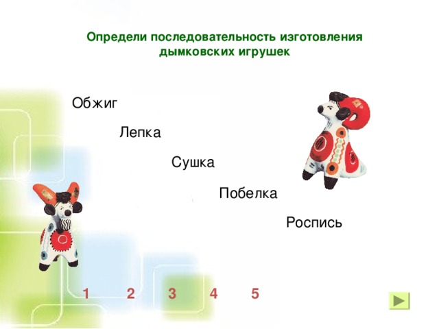 Определи последовательность изготовления дымковских игрушек  Обжиг  Лепка  Сушка  Побелка   Роспись 1 2 3 4 5