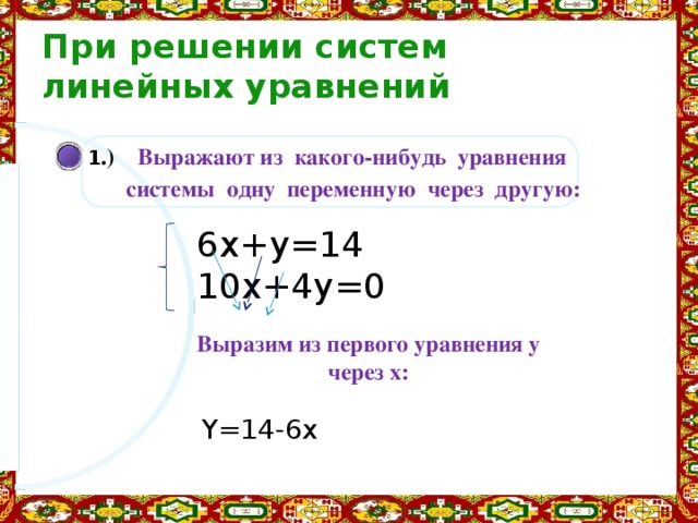 При решении систем  линейных уравнений 1 .) Выражают из какого-нибудь уравнения  cистемы одну переменную через другую: 6x+y=14 10x+4y=0 Выразим из первого уравнения y через x: Y=14-6x