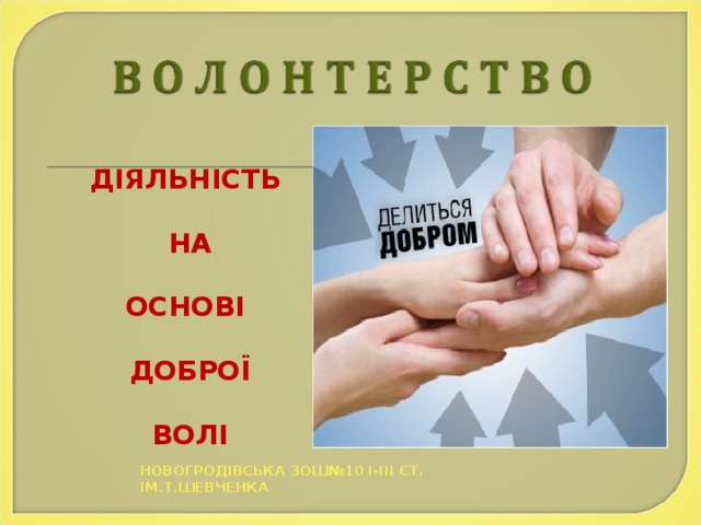 ДІЯЛЬНІСТЬ  НА  ОСНОВІ  ДОБРОЇ  ВОЛІ НОВОГРОДІВСЬКА ЗОШ№10 І-ІІІ СТ. ІМ.Т.ШЕВЧЕНКА