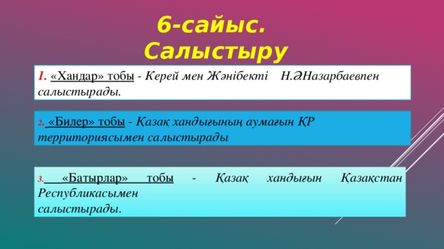 6-сайыс. Салыстыру 1.  «Хандар» тобы - Керей мен Жәнібекті Н.Ә.Назарбаевпен салыстырады. 2 .  «Билер» тобы - Қазақ хандығының аумағын ҚР территориясымен салыстырады 3.  «Батырлар» тобы - Қазақ хандығын Қазақстан Республикасымен салыстырады .