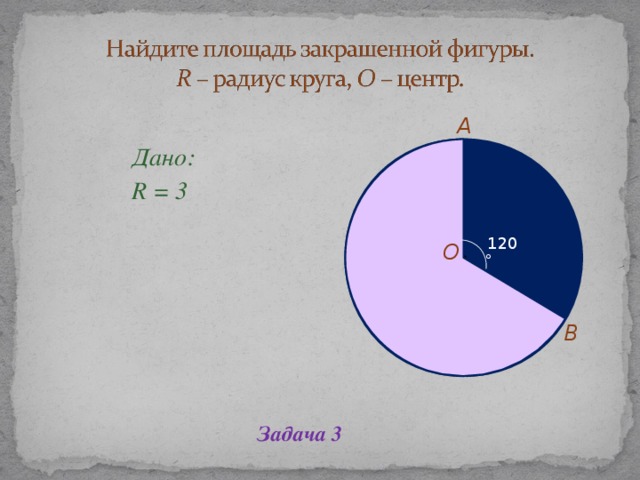 Дано: R = 3 Дано: R = 3 Дано: R = 3 Дано: R = 3 Дано: R = 3 A 120 ̊ O B Задача 3