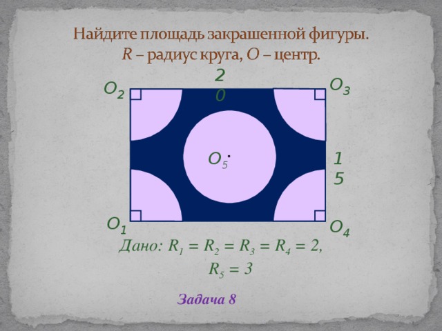 20 O 3 O 2 O 5 15 O 1 O 4      Дано: R 1 = R 2 = R 3 = R 4 = 2, R 5 = 3 Дано: R 1 = R 2 = R 3 = R 4 = 2, R 5 = 3 Задача 8