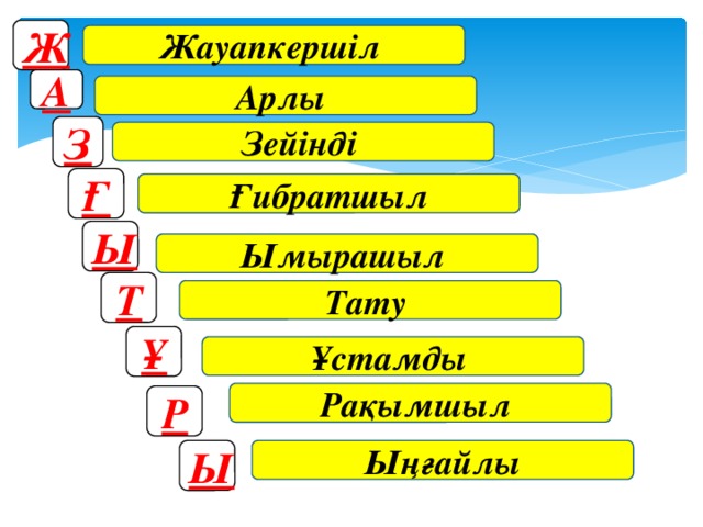 Ж Жауапкершіл А Арлы З Зейінді Ғ Ғибратшыл Ы Ымырашыл Т Тату Ұ Ұстамды Рақымшыл Р Ы Ыңғайлы