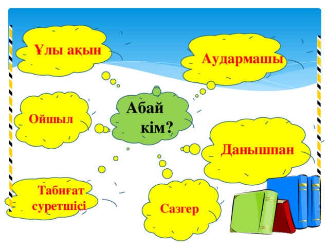 Ұлы ақын Аудармашы Абай кім? Ойшыл Данышпан Табиғат суретшісі Сазгер