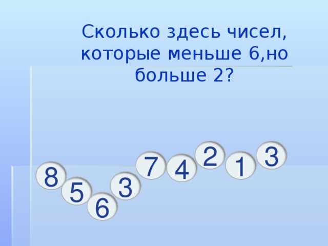 Сколько здесь чисел, которые меньше 6,но больше 2?   2 3 1 7 4 8 3 5 6