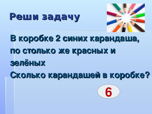 Реши задачу В коробке 2 синих карандаша, по столько же красных и зелёных Сколько карандашей в коробке? 6