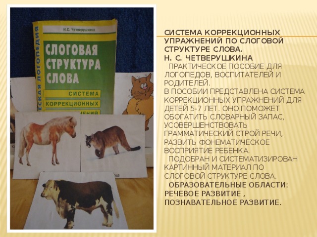 Система коррекционных упражнений по слоговой структуре слова.  Н. С. Четверушкина  Практическое пособие для логопедов, воспитателей и родителей.  В пособии представлена система коррекционных упражнений для детей 5-7 лет. Оно поможет обогатить словарный запас, усовершенствовать грамматический строй речи, развить фонематическое восприятие ребенка.  Подобран и систематизирован картинный материал по слоговой структуре слова.   Образовательные области: Речевое развитие , познавательное развитие.