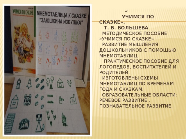 «  Учимся по сказке».  Т. В. Большева  Методическое пособие «Учимся по сказке»  Развитие мышления дошкольников с помощью мнемотаблиц.  Практическое пособие для логопедов, воспитателей и родителей.  Изготовлены схемы мнемотаблиц по временам года и сказкам.  Образовательные области: Речевое развитие , познавательное развитие.     