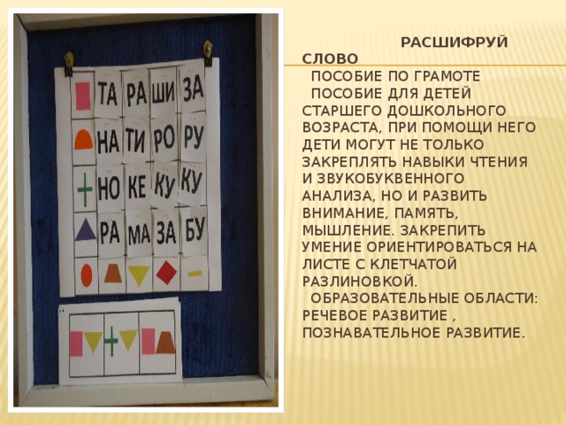 Расшифруй слово  Пособие по грамоте  Пособие для детей старшего дошкольного возраста, при помощи него дети могут не только закреплять навыки чтения и звукобуквенного анализа, но и развить внимание, память, мышление. Закрепить умение ориентироваться на листе с клетчатой разлиновкой.  Образовательные области: Речевое развитие , познавательное развитие.