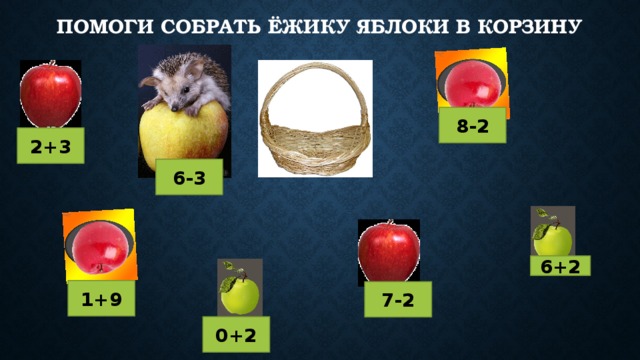Помоги Собрать ёжику яблоки в корзину 8-2 2+3 6-3 6+2 1+9 7-2 0+2